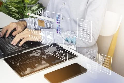 Employees work on managing trade documents, communicating business with bus.. Stock Photos
