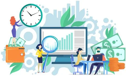 Employees work with presentation of statistics, accounting, analysing data Illustrazione stock