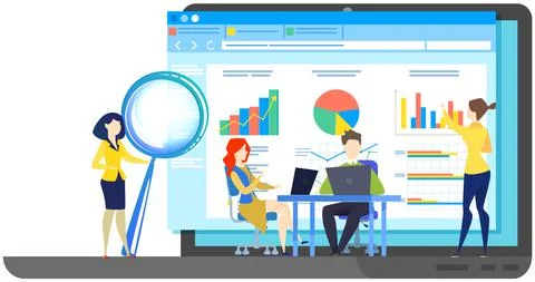 Employees work with presentation of statistics, data analysis. Colleagues 스톡 일러스트