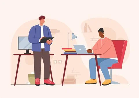 Employees work together with computer and laptop in comfortable modern workspace Stock Illustration