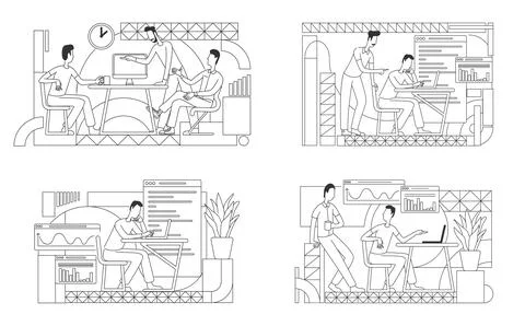 Employees working on collaborative projects thin line vector illustrations se Illustrazione stock