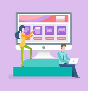 Employees Working with Computer or Laptop Vector Stock Illustration