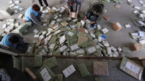 Employees working at the sorting centre of an express company Stock Footage 56754724