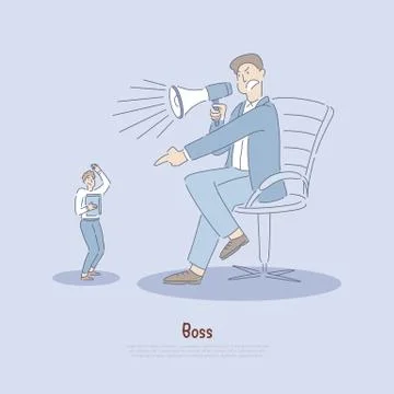 Employer abusing worker, employee verbally abused by manager, excessive use o Illustrazione stock