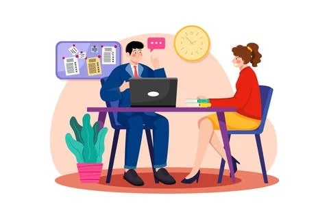 Employers ask interview questions to evaluate candidate skills and fit. Stock Illustration
