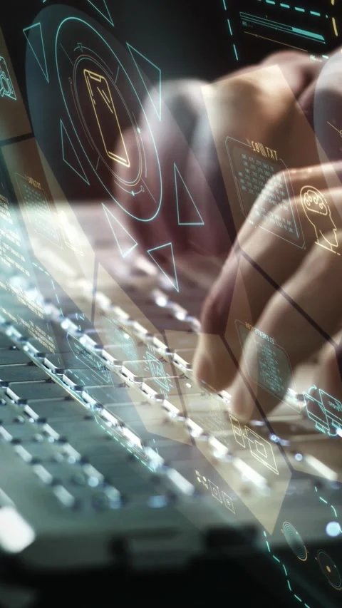 Employing a laptop in combination with a virtual 3D panel. Stock Footage 331746639
