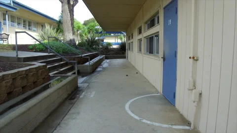 Empty 1950s Era Elementary School Hallway Exterior Stock Footage 130677029