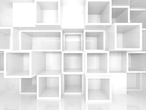 Empty 3d interior with white square shelves on the wall Illustrazione stock