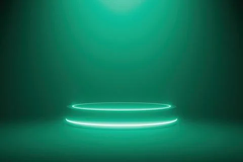 Empty 3D neon-lit cylinder podium on a dark teal green background Stock Illustration