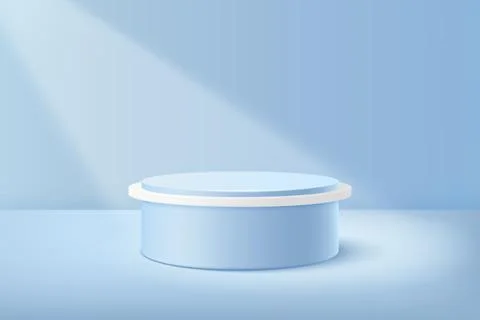 Empty 3D podium, soft blue light, round shape, spotlight beam. Illustrazione stock