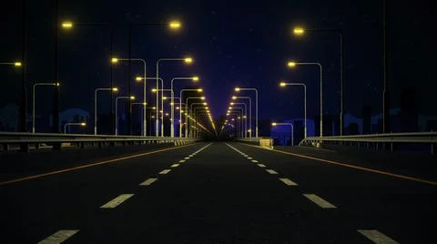 Empty 3D Rendered Stylized Road at Night with Cityscape Background 写真素材