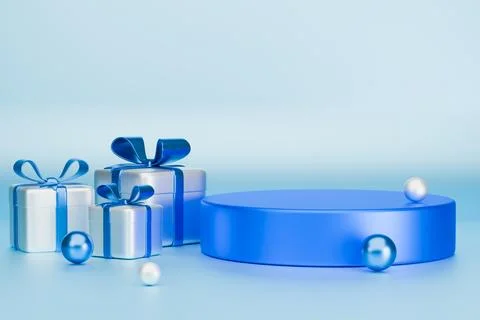 Empty 3D studio podium with blue gifts for holiday product display Stock Illustration