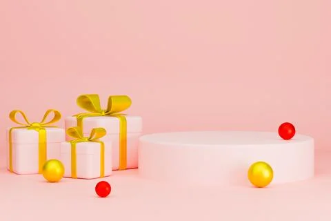 Empty 3D studio podium with gifts for holiday product display on pink background Stock Illustration