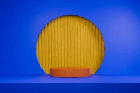 Empty 3D yellow podium stage with blue circle backdrop, minimal product scene Stock Illustration