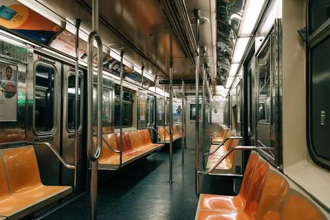 Empty 6 train subway car in New York City Stock Photos
