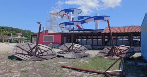 Empty abandoned amusement park on the beach in Croatia. Stock Footage 132729974