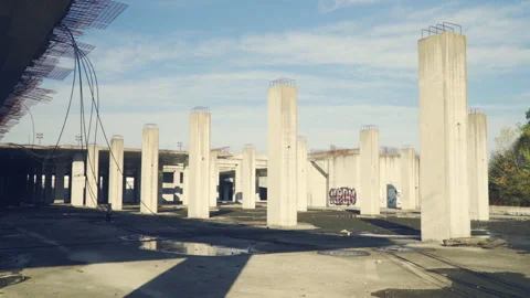 Empty, abandoned construction site with concrete pillars, exterior. Stock Footage 142673523