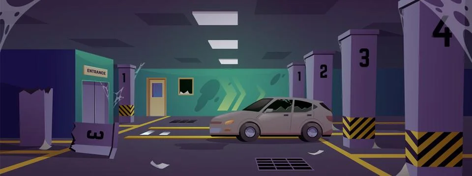 Empty abandoned underground parking vector flat illustration, damaged garage for Ilustración de archivo
