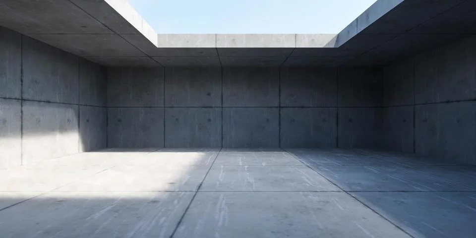 Empty abstract concrete building with open top and sky 3d render illustration 스톡 일러스트
