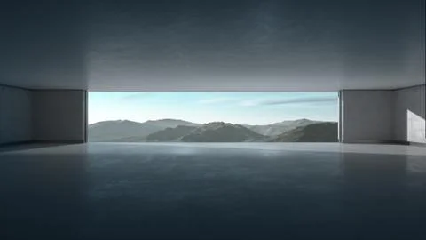 Empty abstract concrete interior with wide window and scenic mountain view. 3 库存插图