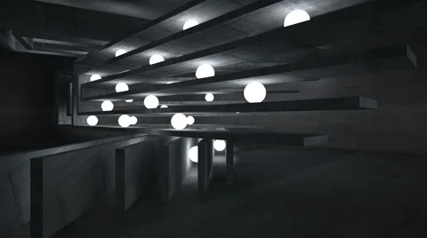 Empty abstract concrete room interior with luminous spheres. Night view. Stock Footage 68628853