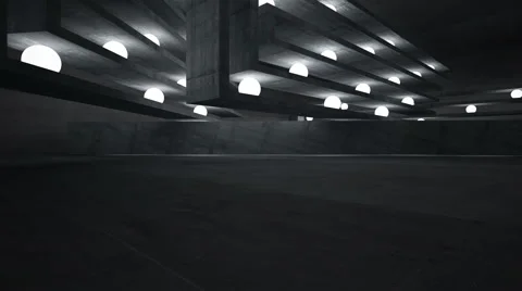 Empty abstract concrete room interior with luminous spheres. Night view. Видео 68659718