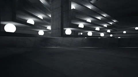 Empty abstract concrete room interior with luminous spheres. Night view. Stock-Footage 68759225