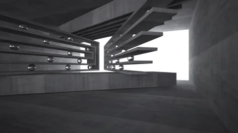 Empty abstract concrete room interior with glass spheres. Night view. Vídeo Stock 68827115