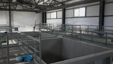 Empty aeration basins indoors in workshop of purification complex Stock Footage 278713546