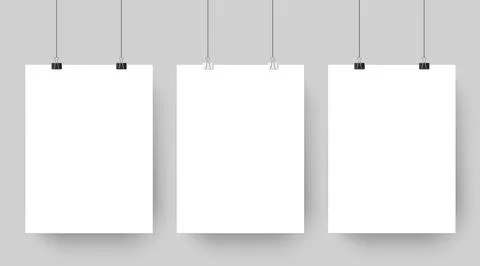 Empty affiche mockup hanging on paper clips. White blank advertising poster.. Stock Illustration