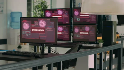 Empty agency office with computer showing system error security and hacking Stock Footage 221374848