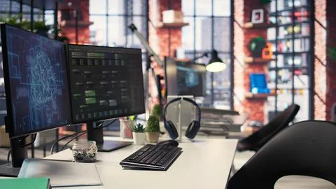 Empty AI developer desk including a monitor filled with neural network data Foto stock