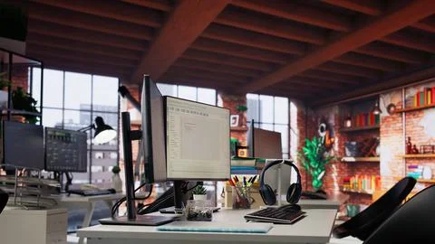 Empty AI tech agency workspace providing custom software development services Foto stock