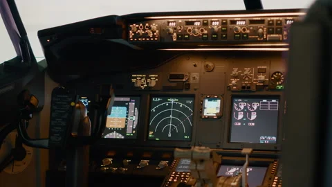 Empty airplane cockpit with dashboard command to throttle engine Stock Footage 202102807