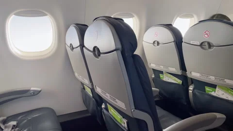 Empty Airplane Window Seats and Economy Cabin Interior View Stock Footage 329169293