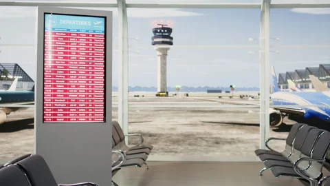 Empty airport with all flights cancelled alert on departure board screen Stock Footage 343736305