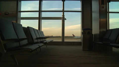 Empty Airport chairs with plane Stock Footage 237194741