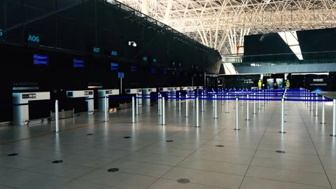 Empty Airport Check In Counters and Queue Barriers at Zagreb Terminal Stock Footage 346242986