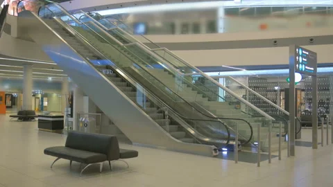 Empty airport terminal at night, empty escalator in the mall Stock Footage 97448073