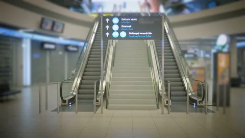 Empty airport terminal at night, empty escalator in the mall Stock Footage 97448733