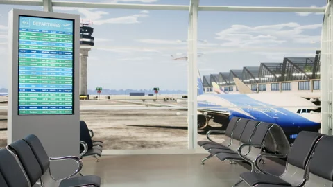 Empty airport terminal scene with flight cancellation and delay alerts Stock Footage 343736209