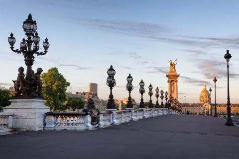 Empty Alexander III bridge in Paris in the early morning 스톡 사진