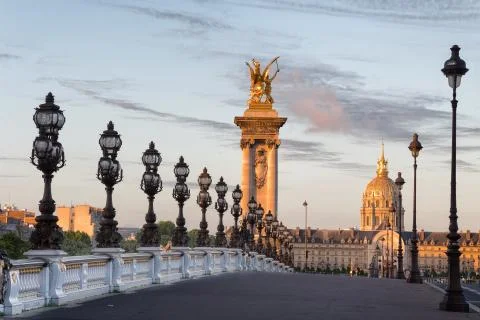 Empty Alexander III bridge in Paris in the early morning Stock Photos