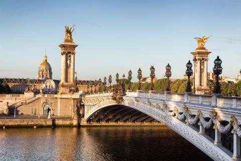 Empty Alexander III bridge in Paris in the early morning Stock Photos