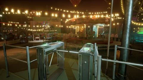 Empty amusement park with carousel and bright lights at night Ilustração Stock