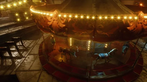 Empty amusement park carousel illuminated at night with glowing lights Video stock 327189298