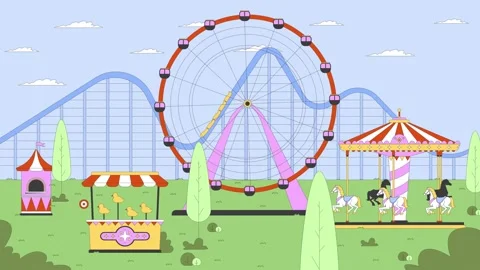 Empty amusement park ferris wheel, carousel, carnival game 2D cartoon animation Video stock 311856670