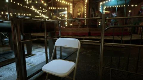 Empty amusement park at night featuring a lonely chair amid dim lights Ilustração Stock