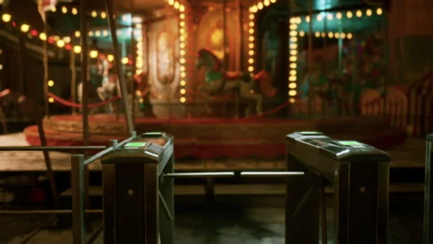 Empty amusement park at night with glowing lights and still attractions Stock Footage 304462990