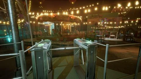 Empty amusement park at night with lit attractions and closed gates Ilustração Stock
